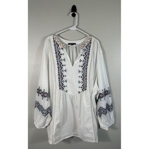 Roamans Top Womens 32W White Peasant Boho Embroidered Tunic Shirt Cotton‎
